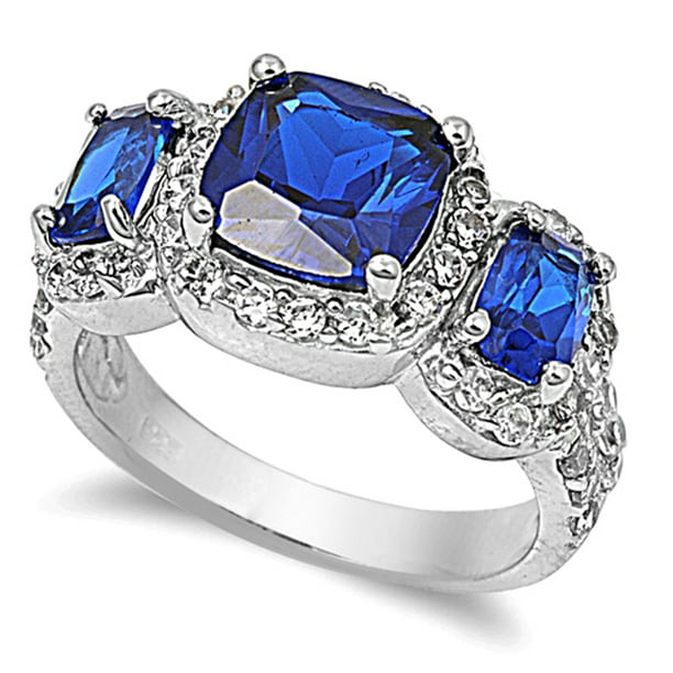 Blue Sapphire CZ Circle Polished Elegant Ring Sterling Silver Band Sizes 5-10